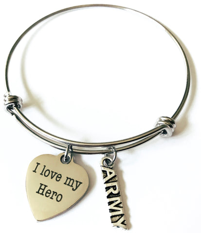 I Love My Hero Army Bangle Heart Charm Bracelet