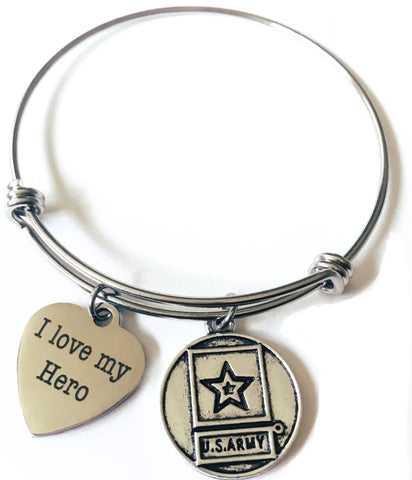 I Love My Hero Army Logo Bangle Heart Charm Bracelet