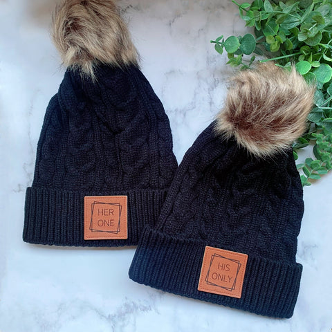 Her One, His Only Black Matching Pom Pom Couples Beanies