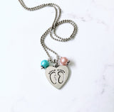 Baby Footprints Heart Necklace - You Choose Bead Color