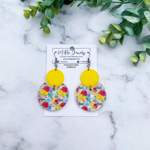 Yellow & Pink Flowers Dangle Earrings