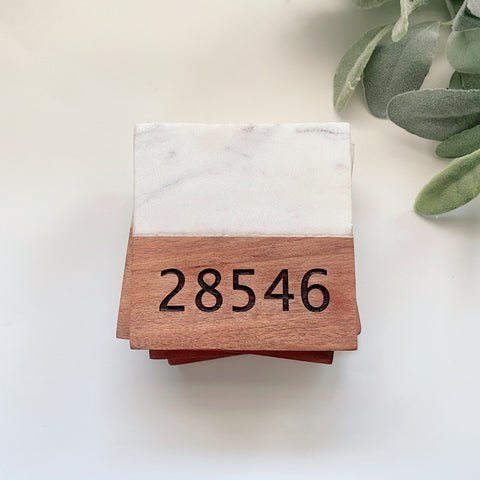 Personalized Zip Code Marble & Acacia Coasters